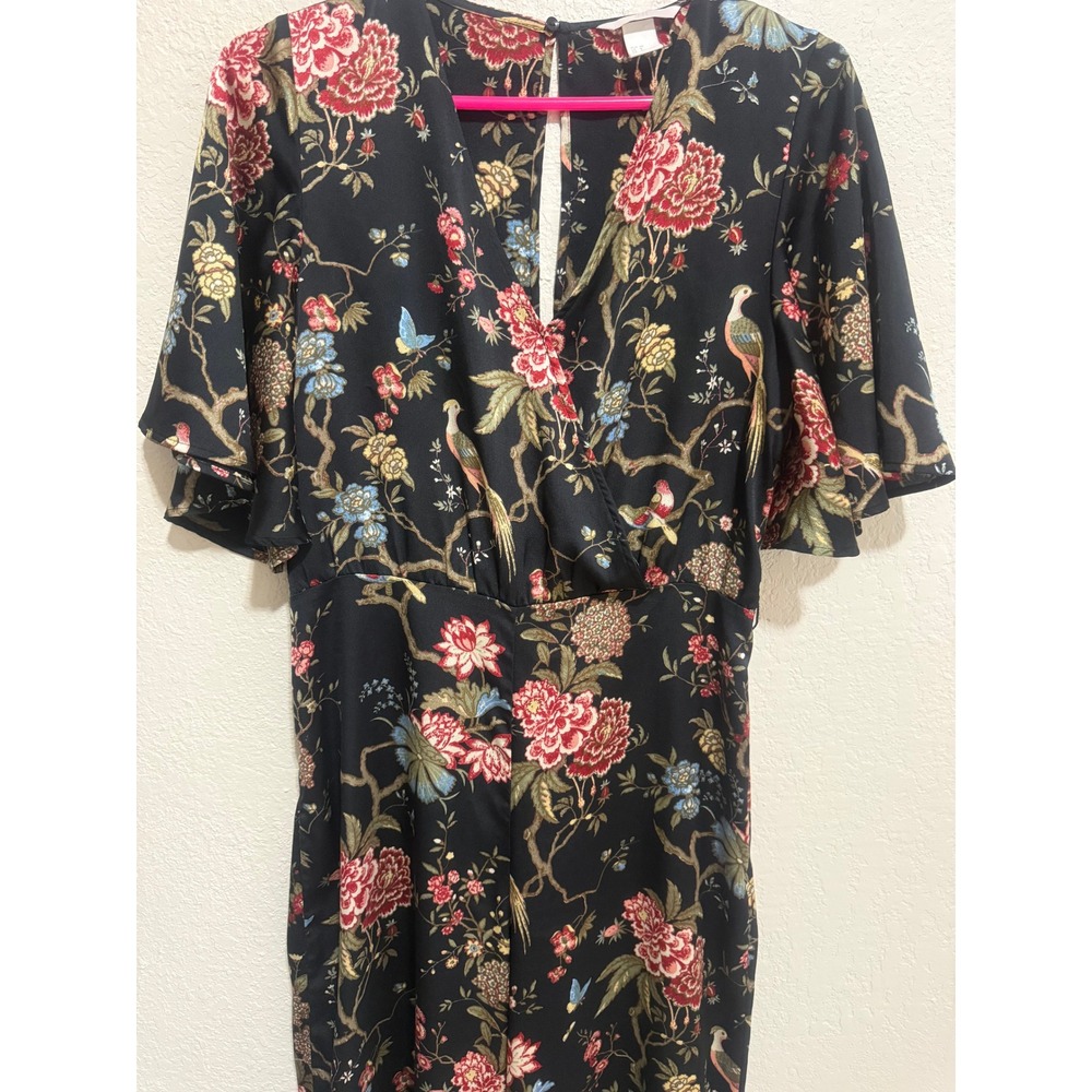 H&M Floral Bird Print Wide Leg Jumpsuit Black Flutter Sleeve V-Neck Size 8 - Picture 3 of 16